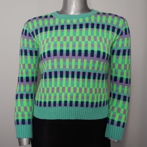 Vintage 90's Sweater Large Crew Neck Boxy Slight Crop Neon Geometric Block Print